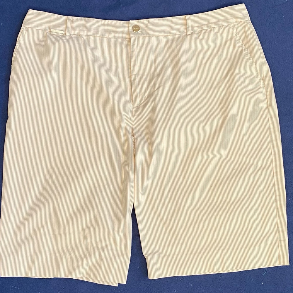 LRL Lauren Ralph Lauren Active Flat Front Bermuda Shorts Tan White Striped Sz 16